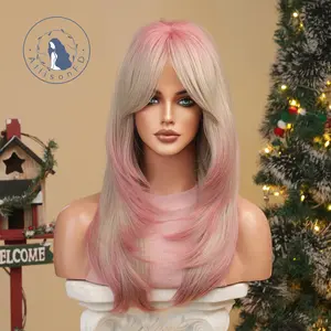 INSTYLE 24 Inch Honey Blonde to Pink Wig with Bangs Long Brown Wigs for Women Layered Heat Resistant Synthetic Wigs for Daily Use