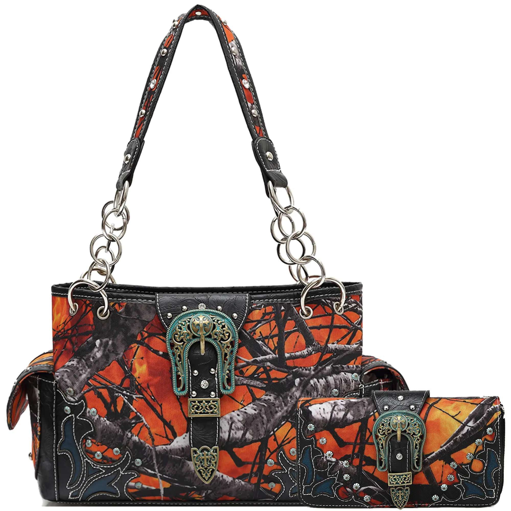 Western-style denim camouflage  with rhinestone embellishments, embossed buckle, floral design; women’s country vintage tote bag; shoulder bag; wallet set，bag, crossbody bags women handbags leather