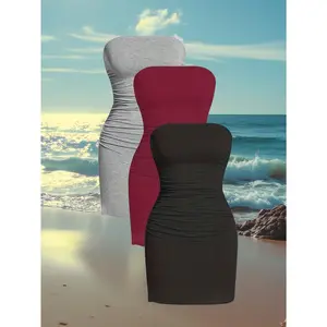 [3pcs Ruched Bandeau Dress] 3pcs Solid Color Ruched Bandeau Dress, Sexy Backless Slinky Mini Tube Dress For Spring & Summer, Women's Clothing