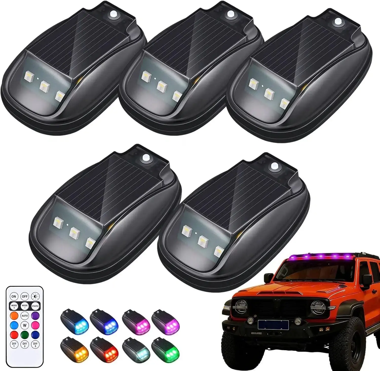Roof Solar Car Neon RGB Strobe Light, 5PCS Wireless Cab Signal Marker Lamp LED Warning Lights Safety Accessories with Remote Control, No Drill, Solar Powered Waterproof for Cars & RVs, Trucks, SUVs