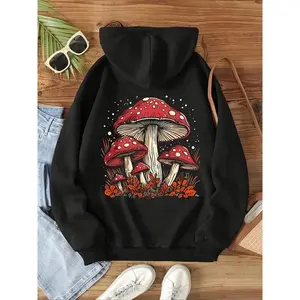 Women’s mushroom print thermal-lined hoodie with drawstring and pocket—casual hooded sweatshirt for fall and winter; women’s clothing suitable for daily wear and can be paired with a raincoat.