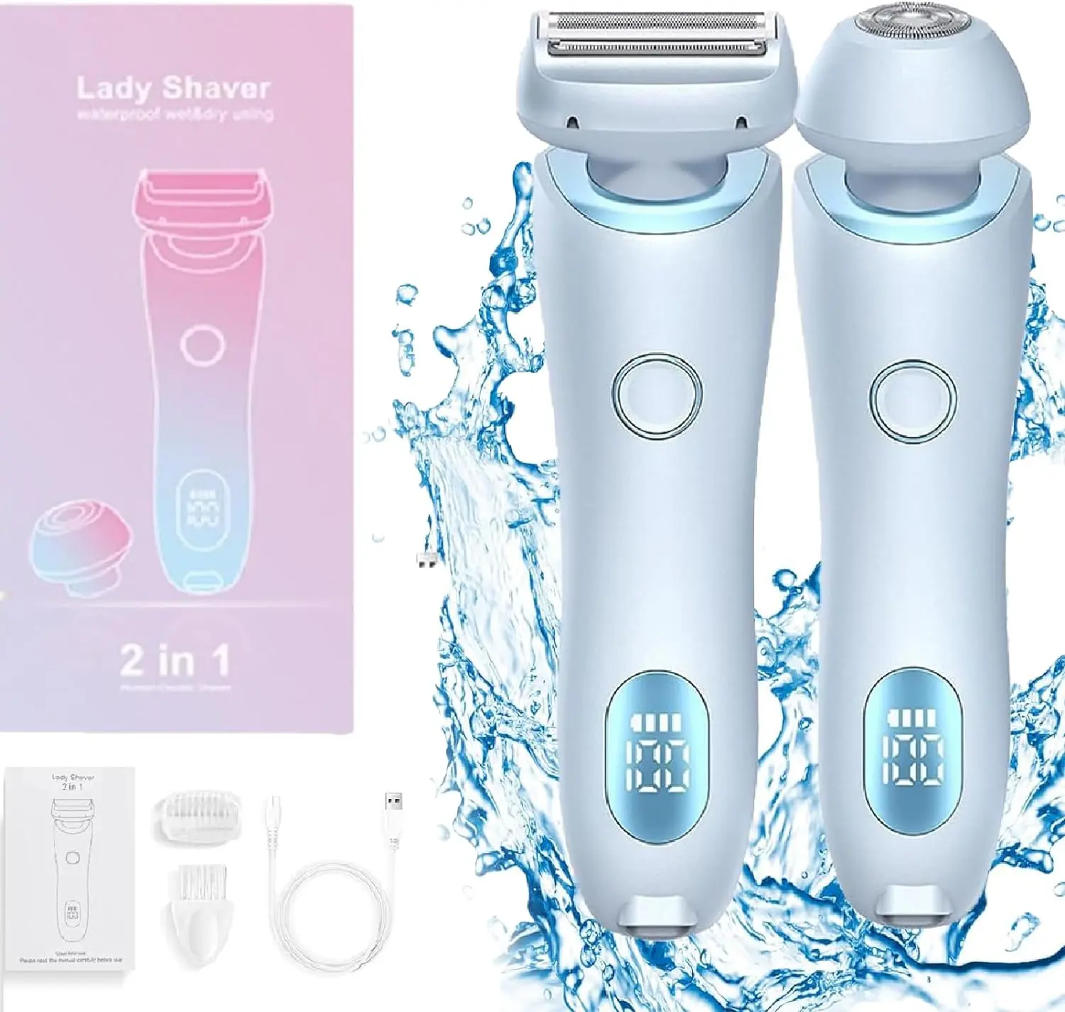 Electric Razors Shaver for Women, 2-IN-1 Womens Electric Razor for Leg Arm Face Pubic Area, Cordless Bikini Trimmer Hair Removal for Women with Detachable Head, Painless,IPX7 Waterproof,Wet & Dry, for Armpit, Legs，Blue