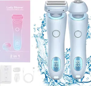 Electric Razors Shaver for Women, 2-IN-1 Womens Electric Razor for Leg Arm Face Pubic Area, Cordless Bikini Trimmer Hair Removal for Women with Detachable Head, Painless,IPX7 Waterproof,Wet & Dry, for Armpit, Legs，Blue