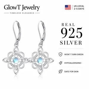 S925 Sterling Silver Celtic Knot Moonstone Drop Earrings - Vintage Filigree Flower of Life Dangle Hoops with Round Moonstone, Nickel-Free Tarnish-Resistant Silver Earrings, Comfort Fit for Women, Ideal for Wiccan & Occult Wear
