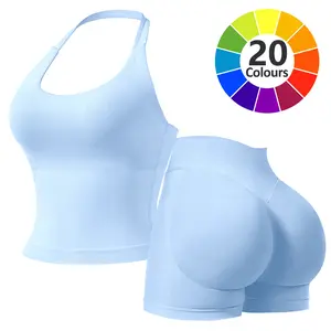 RICH BRIA Women's Solid Color Halter Top & High Waist Shorts Sports Set, Sporty Breathable Quick Drying Outfits for Yoga Gym Fitness Running, Ladies Sportswear for Summer, Workout Clothes, Workout Gym Clothing, Athletic Sports Clothing, Athleisure Wear