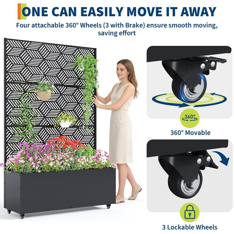 Garvee Joanakren Metal Planter Box with Trellis and Wheels, 71"Raised Garden Bed for Climbing Plants, Vegetables, Vines, Privacy Planters for Patio with Drainage Holes, 15.7" Deep Planting Bed（Antique Black）
