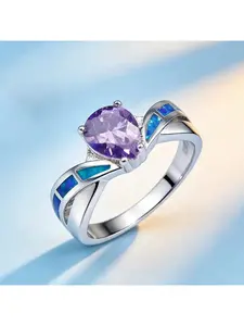 Luxury Water Drop Shape Purple Cubic Zircon Ring  Blue Opal Aniversary Wedding Fashion Jewelry Gift Idea,Couples Things