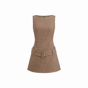 Cider [size 0-10] Boat Neck Houndstooth Belted Mini Dress