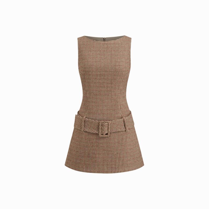 Women's Casual A-Line Cotton Woven Plaid Boat Neck Sleeveless Belted Zipper Above-Knee Dress - Acrylic Blend, Sizes 0-10, Belt Detail, Shoulder-Free Cut, Casual Beach Dress