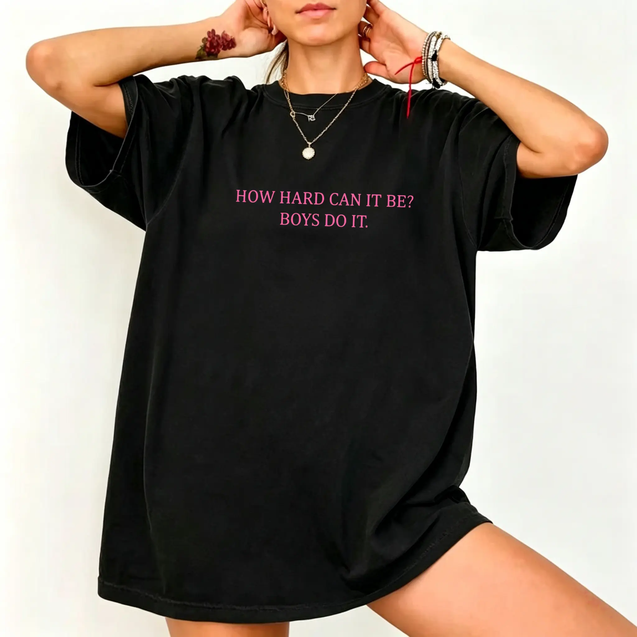 Men's Short-Sleeve Soft Cotton Casual T-Shirt - "How Hard Can It Be? Boys Do It" Feminist Meme Unhinged Graphic Tee, Belle-Inspired Top for Women, Tshirt, Seamless, Shortsleeve, Fabric, Smooth, Funny T-Shirts Meme, Machine Wash, Printed Tee, Slim-Fitting,