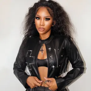 Women's Edgy Black Faux Leather Moto Jacket - Rhinestone Cross & Stud Embellishments, Cropped Long-Sleeve Streetwear Outerwear