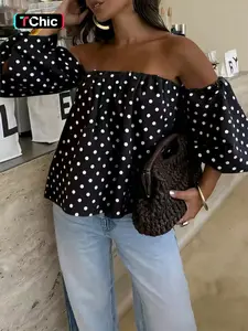 Women's Loose Fit Slimming Polka Dot Off-Shoulder Bubble Sleeve Top, Perfect for Parties and Events, Stylish and Comfortable