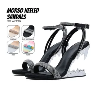 Womens Shark Teeth Heeled Sandals Women's Summer Open Toe Mules Rose Gold Metallic Gravity Wedges Crystal Strappy Easy Slip on Slides Architectural Hollow-Out Heels Elegant Dressy Shoes for Wedding Party Gifts for Her