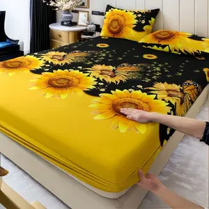 Sunflower Print Fitted Sheet Set, 3-Piece Bedding Set Includes 1 Fitted Sheet and 2 Pillowcases (no Pillow Inserts)