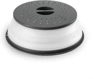 10.5 in Foldable Microwave Splatter Cover - BPA-Free Silicone & Plastic Vented Kitchenware Utensils, Dishwasher Safe, Multipurpose Strainer for Fruit & Vegetables, Black
