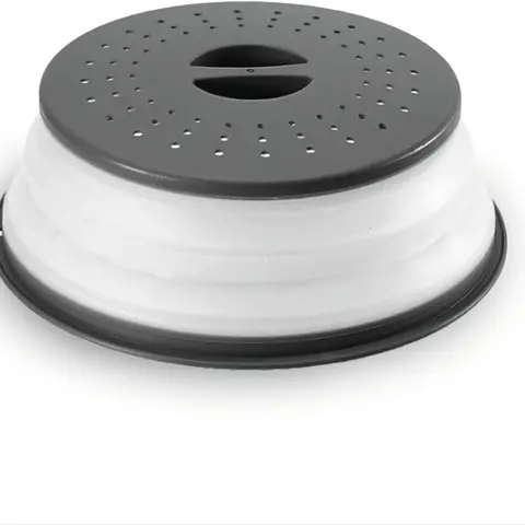 10.5 in Collapsible Silicone & Plastic Kitchen Utensils Microwave Splatter Cover Lid - Easy-Grip Handle, BPA-Free, Heat/Microwave Safe Food Dome, Dishwasher Safe, Ventilated Vents, Fold-Flat Storage, Hanging Hook, Black, Fruit/Veg Strainer for Reheating