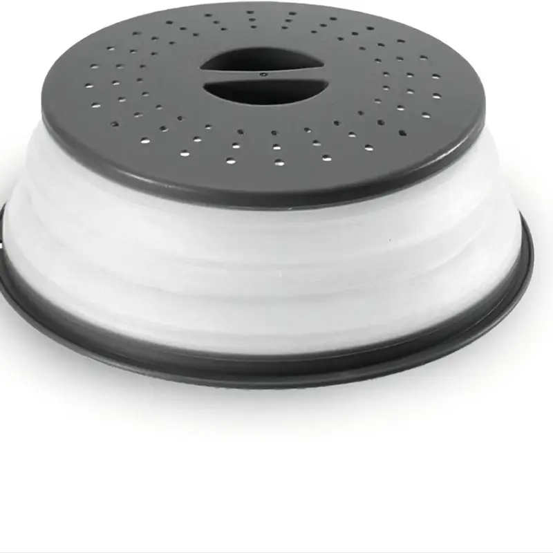 10.5 in Collapsible Silicone & Plastic Kitchen Utensils Microwave Splatter Cover Lid - Easy-Grip Handle, BPA-Free, Heat/Microwave Safe Food Dome, Dishwasher Safe, Ventilated Vents, Fold-Flat Storage, Hanging Hook, Black, Fruit/Veg Strainer for Reheating