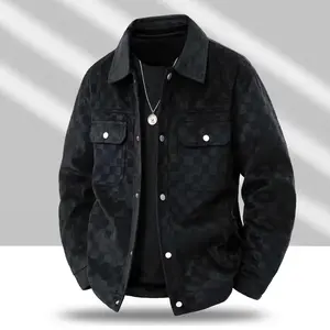Men's Black Patterned Suede Fleece Jacket with Chest Flap Pockets & Button Closures for Autumn Wear - Stylish & Practical Tops