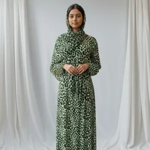 Leopard Print Maxi Dress Set with Belt & Matching Hijab for Women's Fashion