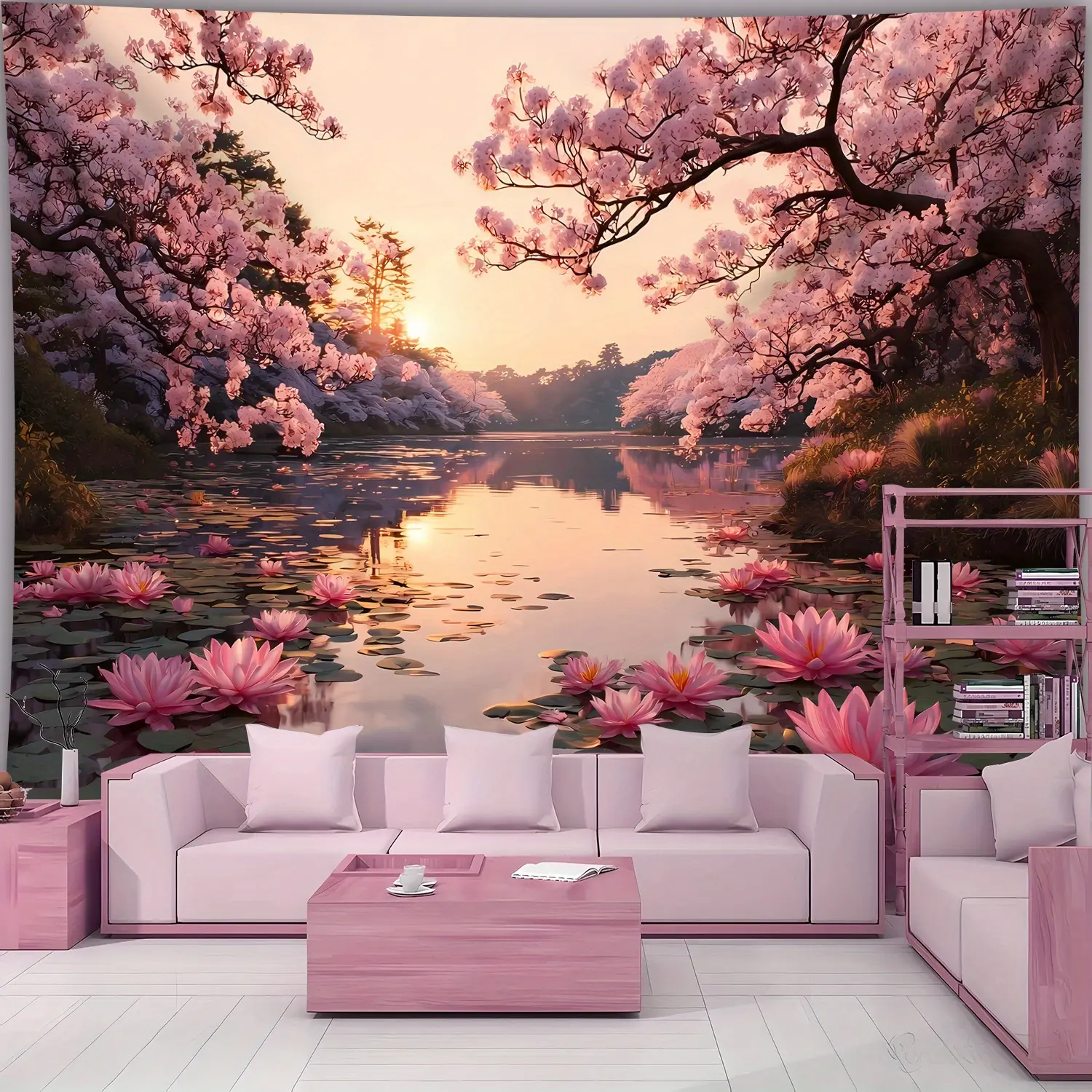 Extra Large Size - Beautiful for Lotus and Cherry Blossom Lake Landscape Photo Tapestry, Polyester Aesthetic HD Printed Hanging Cloth, Living Room Bedroom Office Home Room Party Decoration, Wall Decoration, No Installation Boho Floral Design