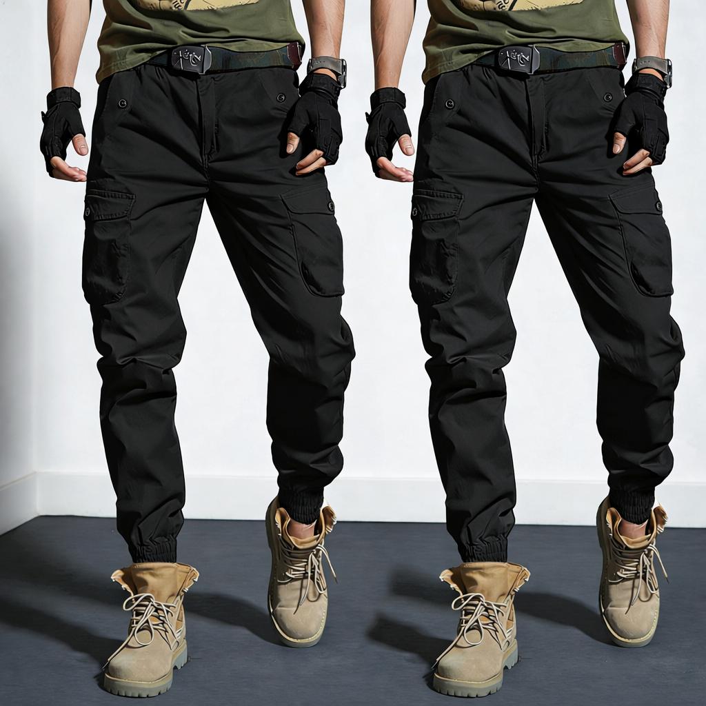 Two-pack: woven plain fabric and solid-color men’s cargo pants featuring an elastic waistband with drawstring, a loose straight tapered fit, multiple pockets including large pockets—ideal for everyday casual wear and work, perfect for cargo outfits and ou