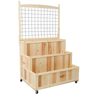3-Tier Solid Wood Outdoor Vertical Stack Raised Garden Bed with Trellis Top, 53" High Vertical Planter Box with Wheels, Back Storage Area & Plant Support for Flowers, Vegetables