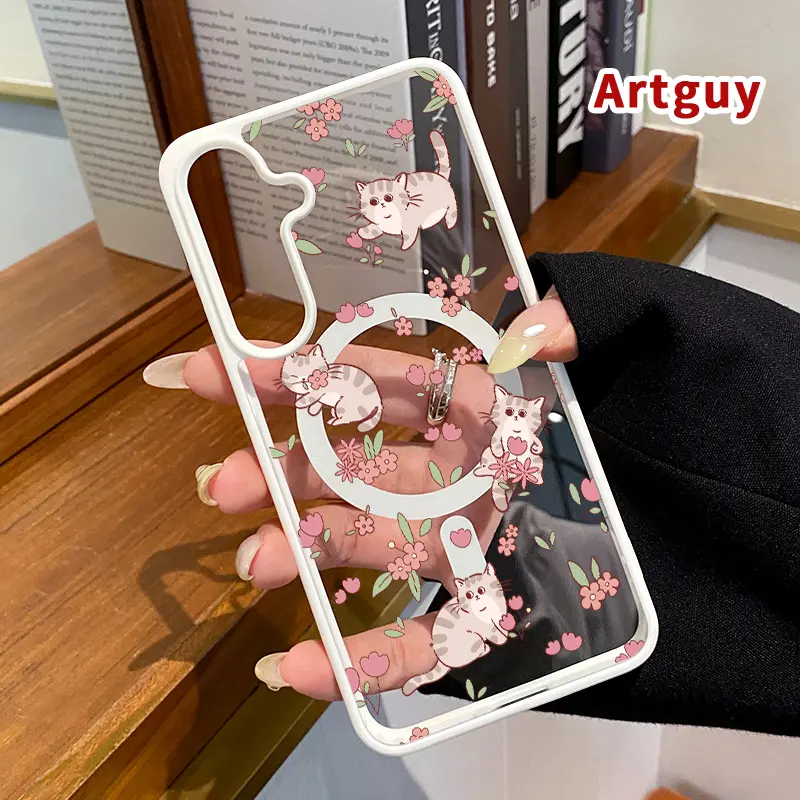 Magnetic Phone Case Supports Wireless Charging compatible with Samsung Galaxy S23 Ultra S24 Plus FE S25 S22+ Cat and Flower Symphony Pattern Non-Yellowing Silicone Transparent Acrylic Drop Protective Cover