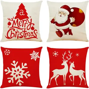 4PCS 18"x18" Throw Pillow Covers Christmas Decorative Couch Pillow Cases Cotton Linen Pillow Square Cushion Cover for Home Sofa, Couch, Bed