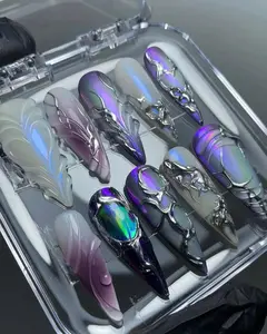 HelenNails - Elegant Metallic Fake Nails | Purple & Chrome with Holographic Accents | Luxury Gothic-Inspired Nail Art - HL280.