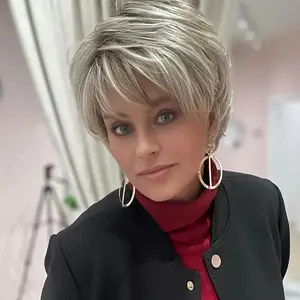 2025 Wholesale Arrivals ArrivalsBrazilian Remy Hair Wig -6-inch Short Straight Layer Grey Non Glue Wig, Density 150%, Rose Mesh Hat |   Natural Appearance Elegant Grey Female Role Playing Wig Suitfor Parties and Mother's Day Gifts - High Temperature Resis