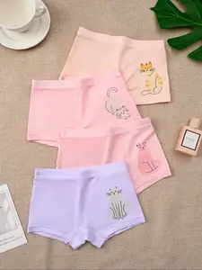 Cute Animal Cartoon Pattern Girls' Briefs, Pack of 4, Comfortable Flat Lined Underwear for Kids, Soft Fabric, Ideal for Daily Wear, Soft Panties