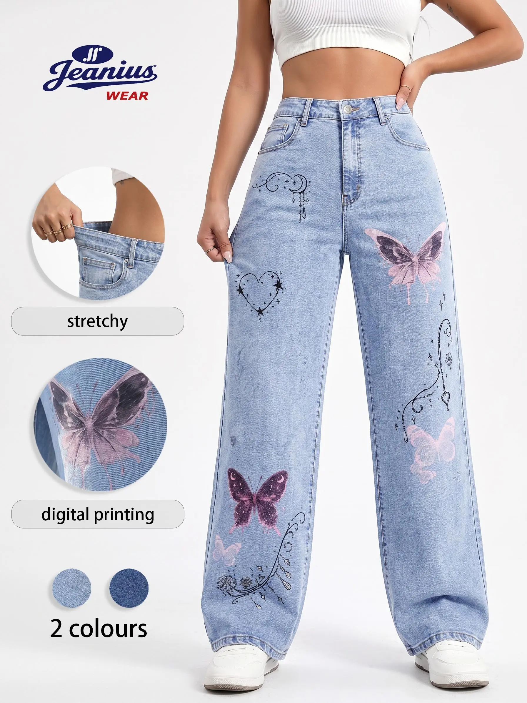 JR JEANIUS WEAR Women's High Waist Wide Leg Denim Jeans, Stretchy Light Blue Wash, Gradient Butterfly & Gothic Heart Print, Y2K Streetwear Semi Baggy Jeans summervibes Fit  Casual Womenswear  Button Bottom  for women,summerwins lift slim sweats Graphic Br