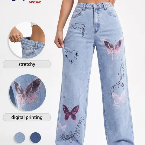 Jr Jeanius Wear Women's High-Waist Heavyweight Woven Gothic Gradient Vintage Blue Denim Jeans, High-Stretch Button-Fly Y2K Closure, Light-Wash Wide Leg, Push-Up Pearl Cotton, Summer Streetwear Everyday Outfits with Butterfly Digital Print & Heart