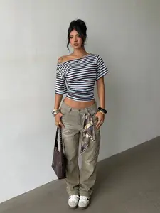 Y2K Aesthetic, Chic Off Shoulder Striped Stretchy Jersey Ruched Short Sleeve Crop Top, 2000s Retro Slim Fit Bodycon Going Out Streetwear Top, Women Summer Basic Knit Tee For Club Night Party Casual Daily Dating Vacation Street Style Outfit Wear