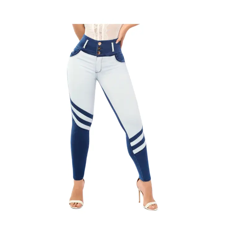 Premium Colombian jeans for women, in blue, with pockets, a push-up effect that enhances the buttocks, a 5-button elastic waistband, and a slim fit with a sexy and elegant design that accentuates curves. Beautiful denim jeans. Skinny Womenswear Bottom