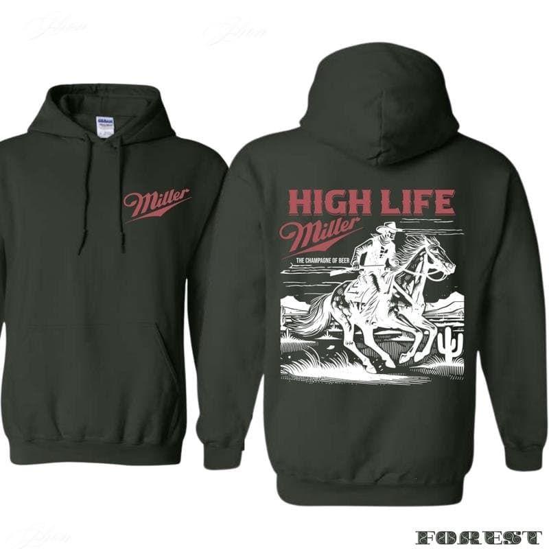 Miller High Life Hoodie - Featuring Front Red Miller Logo, And Back Graphic Of Cowboy On Horse In Desert Scene With THE CHAMPAGNE OF BEER Slogan, Designed For Western Lifestyle Fans Who Appreciate Vintage Beer Branding, Rugged Americana Vibes