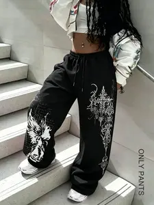 Women's Loose Print Sweatpants, Gothic Cross Angel Wings Streetwear, Y2K Style Casual Wide Leg Pants, Trendy Fashion Apparel