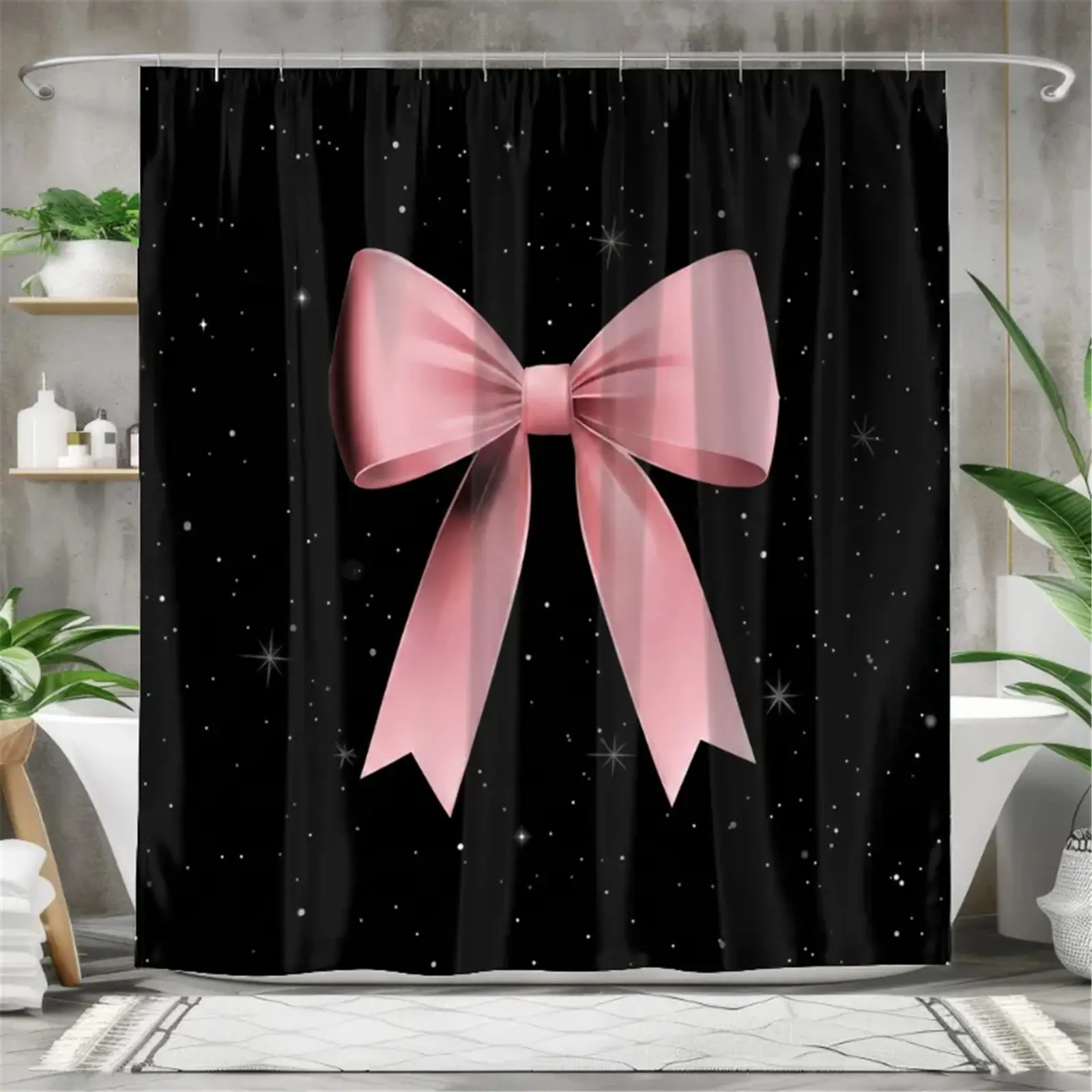 Black powder glitter bow shower curtain set, waterproof shower curtain with 12 hooks, non-slip bathroom carpet, toilet U-shaped cushion, toilet seat cover cushion, bathroom decoration, bathroom shower curtain set, perfect mobile gift