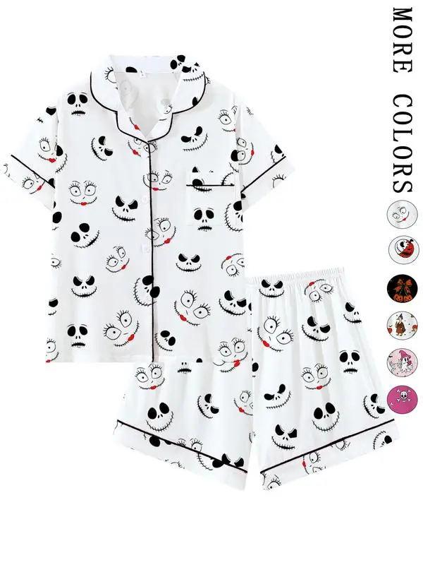 Women's Skeleton Pajama Set, Cute Gothic Halloween Sleepwear, Stitched Face Graphic PJs, Short Sleeve Lounge Set, Spooky Gift