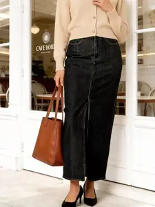 Women's Denim Midi Skirt, A-Line Slim Fit Design, Natural Waist, Front Slit Detailing, Perfect for All Seasons, Batch No. 20250720, Elegant Casual Skirt