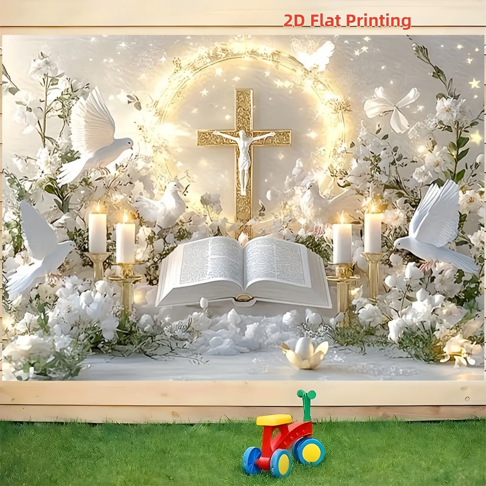 2D Flat 1pc Holy Jesus Cross Religious Backdrop Banner, Dove Bible Candle White Flower Photography Background, Photo Backdrops, Backdrops For Photoshoot, Baptism, First Communion, Easter, Christian Wedding Decor, Multiple Sizes Available