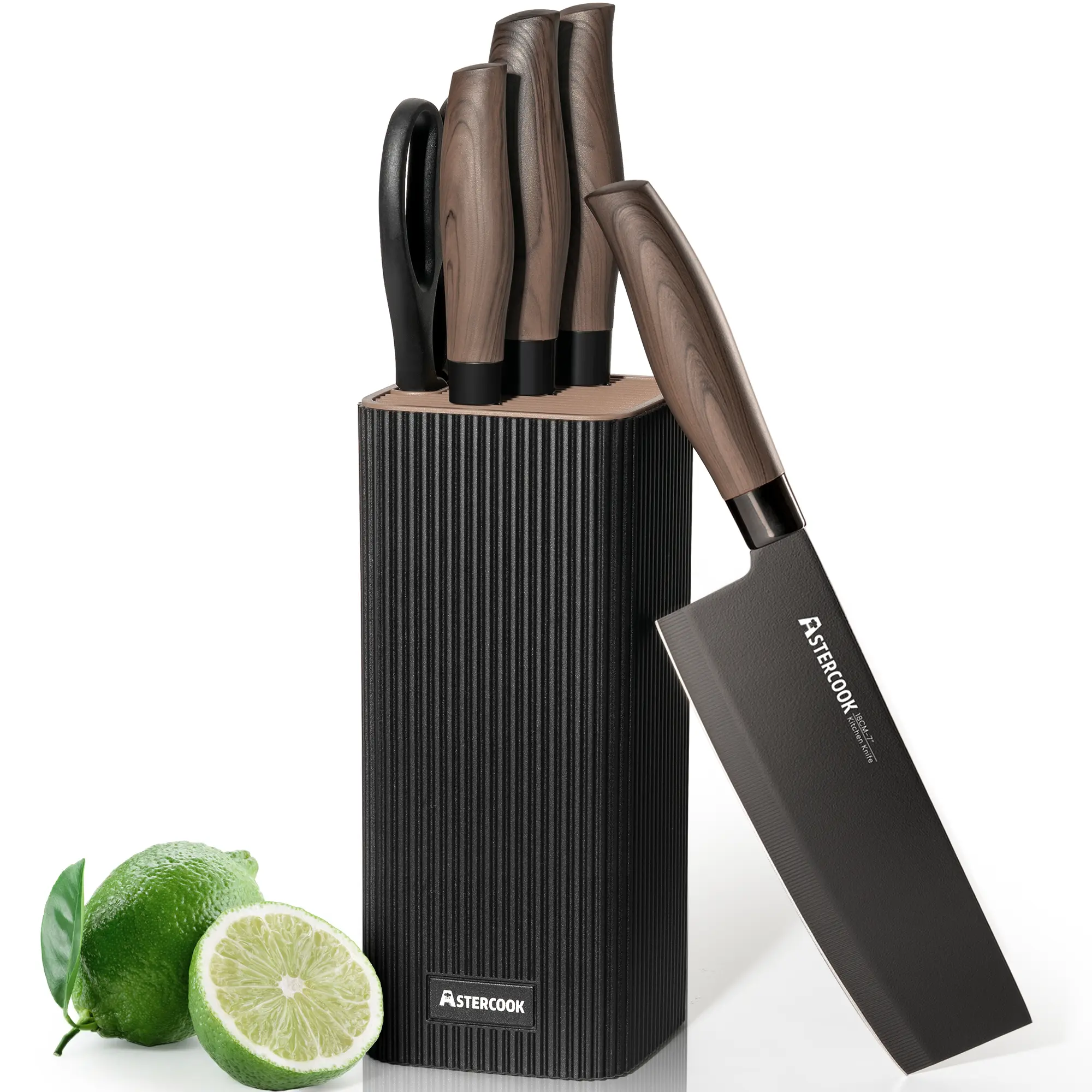 Astercook Knife Set, 6-Piece Kitchen Knife Set, Knife Set With Knife Block, (Black) Steel Stainless Steel Dishwasher Safe, Anti-slip Handle Kitchenware Cutting