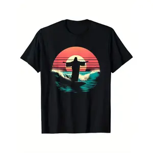 Jesús Surfing en el Agua - Divertida Camiseta Religiosa Cristiana para Surferos, Adecuada para Todos los Hombres y Mujeres Camisetas Cortas de Manga para Todos los Estilos, Lista para Usar 100% Algodón, Tallas S-XXXL