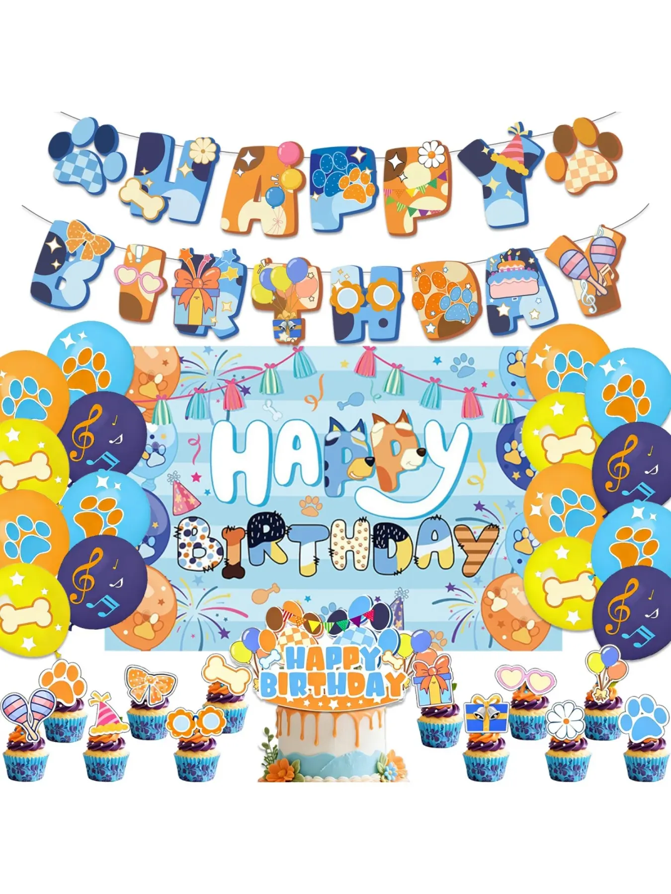 Birthday Party Decoration Set, Bluely Style, Cartoon, Includes Backdrop, Banners, Balloons, Cake Flags, Cute Birthday Decorations