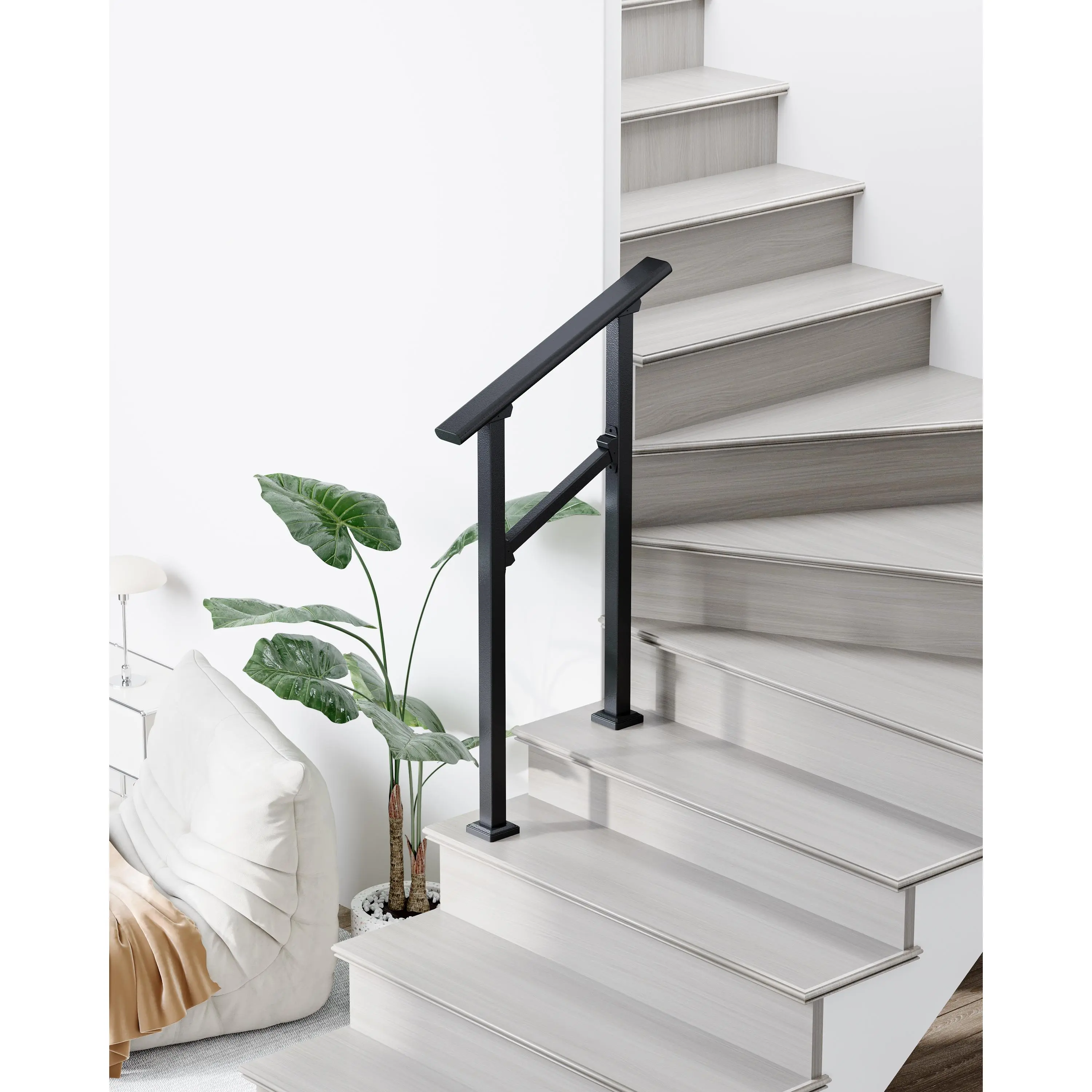 Adjustable Metal Handrail for 2-6 Steps – Black Deck Stair Railing for Porch, Exterior or Indoor Use – DIY Installation Kit