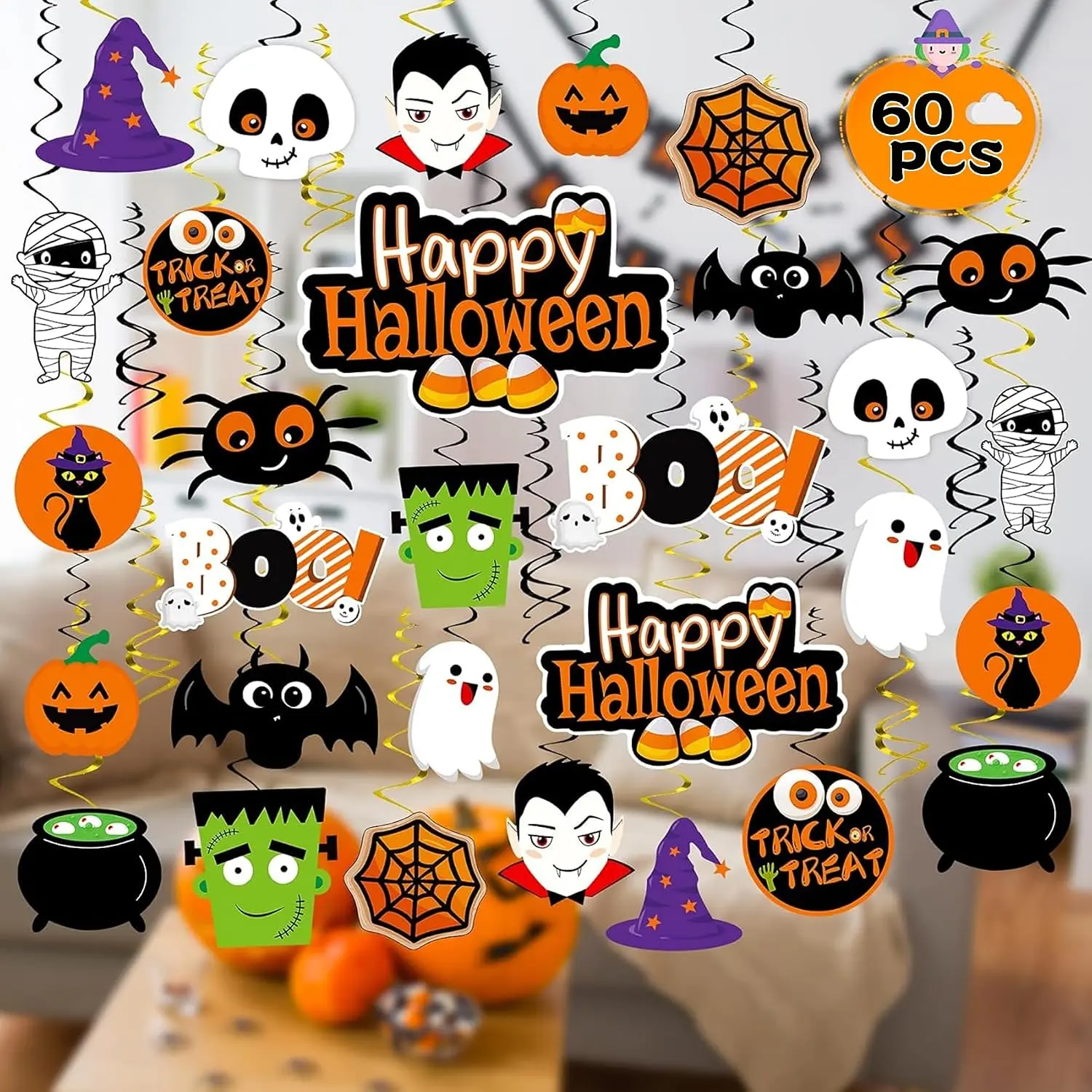 60 Pcs Halloween Hanging Decorations for Classroom Ceiling Decor Indoor | Halloween Decorations Double-Sided Halloween Hanging Ghost Pumpkin Ceiling Decorations Indoor,Clear Printed Halloween Decor