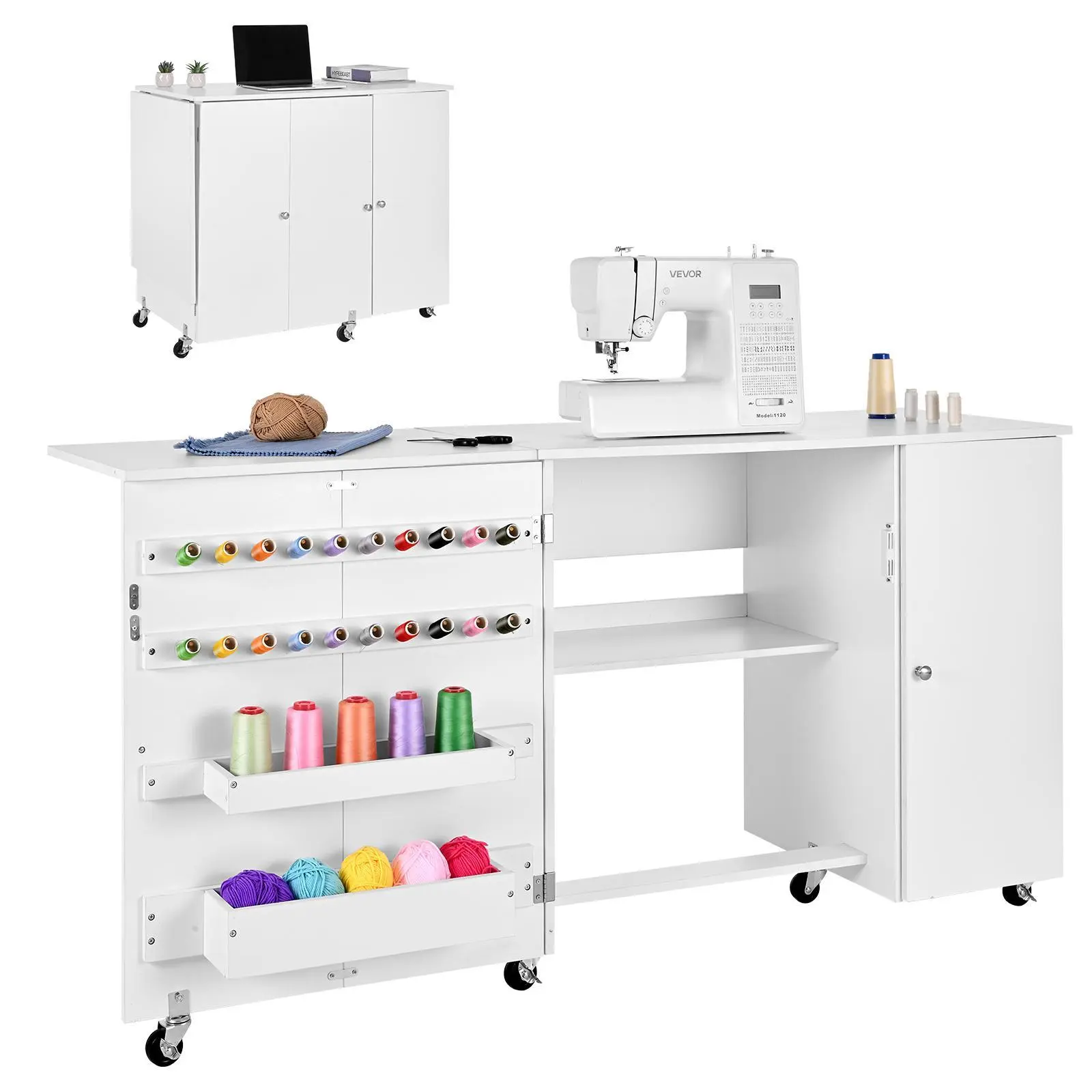 【Summerfinds】VEVOR Folding Sewing Table, Multipurpose Sewing Machine Table with Cabinet, Compact Design, Wheels, Wooden Pegs, Storage Trays and Shelf, Magnetic Door, Craft Station and Side Desk for Home, White