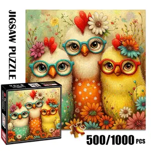 1pc 1000 piece adult puzzle 58x58cm Three Chic Chicks with Glasses and Flower Decorations 500 pieces of paper puzzle, suitable for adults and families, large-scale DIY puzzle interactive toy games, Jigsaw Puzzles