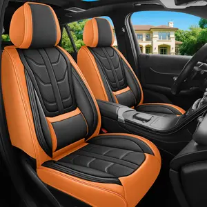 OTOEZ Full Coverage Luxury Nappa Leather Car Seat Cover 5 Seats with Lumbar Support Black Orange Waterproof Protector Includes Installation Video