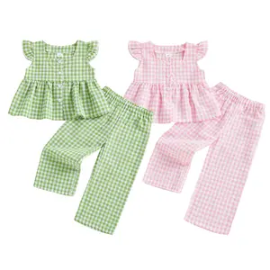 Toddler Baby Girl Two Piece Gingham Outfit Ruffles Sleeveless Plaid Button Front Crop Tank Tops Casual Pants Summer Clothes